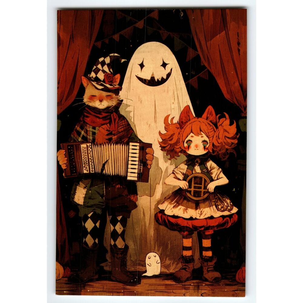 Vintage Halloween Photochrome Postcard with Ghost, Cat, and Doll Art